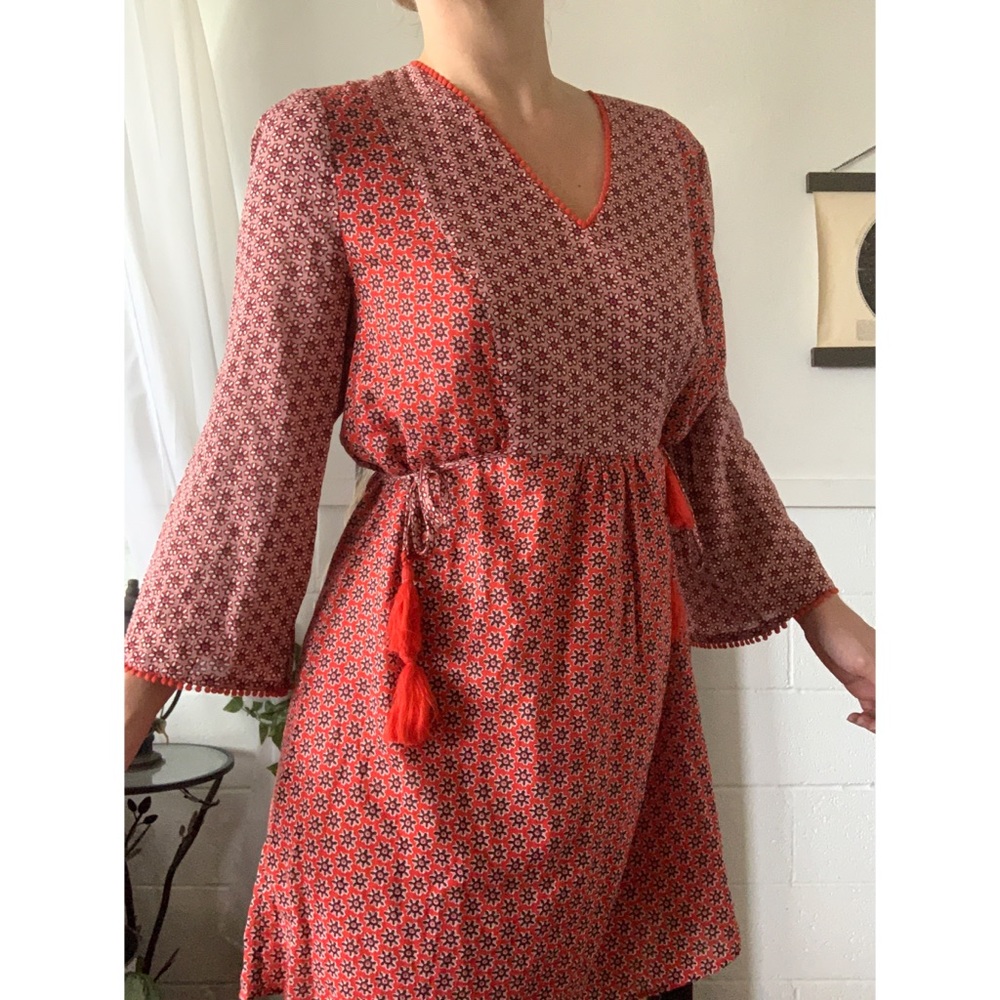 Boden Red Floral Print Tunic Dress Tassel Pom Pom - Picture 3 of 13